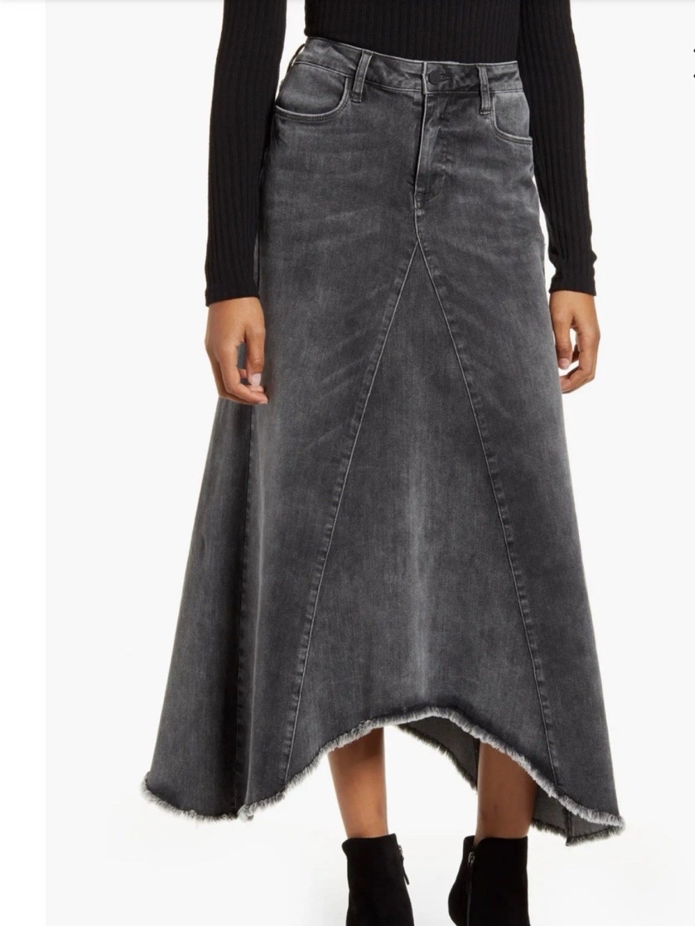 Wash Lab Denim Long Skirt Black Gray Frayed Hem A-Line Panel Raw Edge Size 31